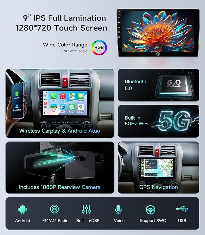 Car Radio Stereo for Honda CR-V 06-11, Wireless CarPlay & Android Auto | 9-inch IPS touchscreen, 64G storage, 5G WiFi GPS, Bluetooth FM AM SWC, plug-and-play, HD backup camera