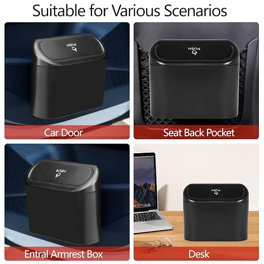Car Trash Can with Lid, Mini Auto Garbage Can with 30 Trash Bags, Leakproof Automotive Garbage Container Bin, Multipurpose Organizers and Storage for Car, Home, Office (Black)