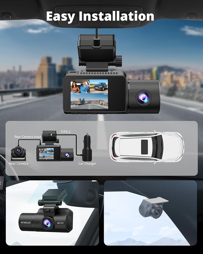 3 Channel Dash Cam Front and Rear Inside - 2.5K Car Dash Camera with 64GB Card, 5GHz WiFi Wireless Dashcam for Cars, APP Control, Super Night Vision, HDR, G-Sensor