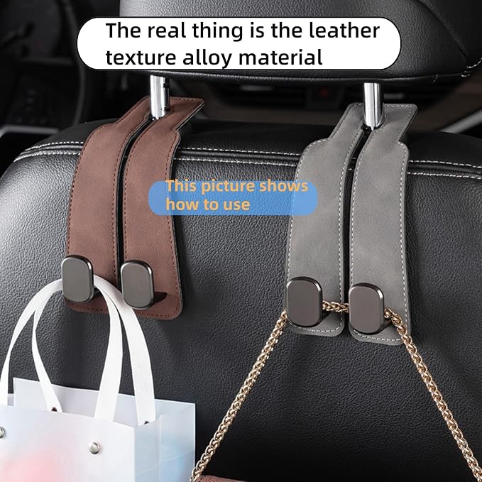 Coozyland Car Hooks, Coozy Land Metal Multi-Function Leather Car Headrest Hooks, Universal Double Hook Car Seat Back Storage Hooks for Wallets, Handbags, Bottles, Trash Bags, etc(Black 4-Pack)