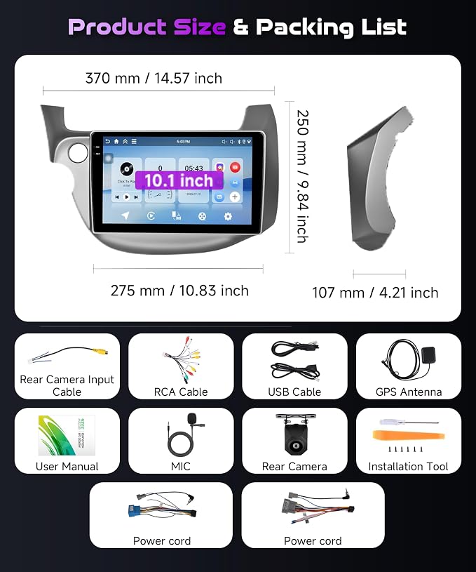 [4+64G] Android 15 Car Radio Stereo for Honda Fit 2008-2013 with Wireless CarPlay & Android Auto, 10.1 Inch in-Cell Screen Car Auido with GPS WiFi FM RDS Radio EQ SWC AHD Backup Camera