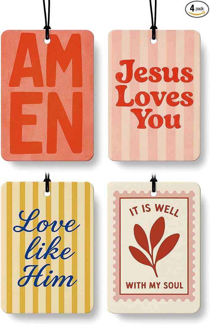 Christian Car Air Freshener 4 Pcs Coconut Scented, Inspirational Christian Car Accessories Mirror Decor for Women, Religious Bible Verse Hanging Air Freshener for Cars Closet Drawer Books