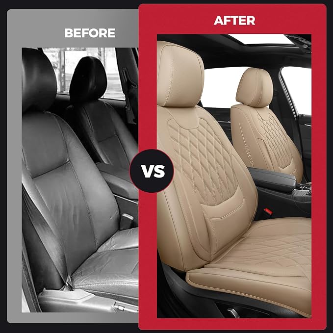 Front Car Seat Covers - Luxury Breathable Waterproof Faux Leather Car Seat Cushion Protector with Lumbar Support, Universal Fit for Most 5 Seats Vehicles, Sedans, Hatchbacks, and Trucks, Beige
