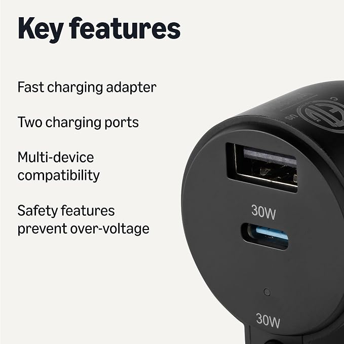 Fast-Charging Car Charger, 60W, 1 USB-C Port (30W), 1 USB-A Port, 1 Built-in Coiled USB-C Cable (30W), Black
