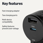 Fast-Charging Car Charger, 60W, 1 USB-C Port (30W), 1 USB-A Port, 1 Built-in Coiled USB-C Cable (30W), Black