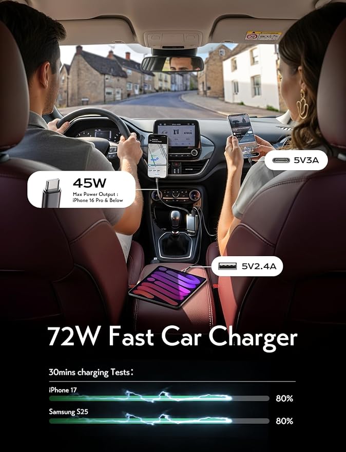 Retractable Car Charger USB C, [Upgraded 72W Max] | Car Accessories，Gifts for Men Women Him Her Car Charger for iPhone/Android Truck RV Electronics