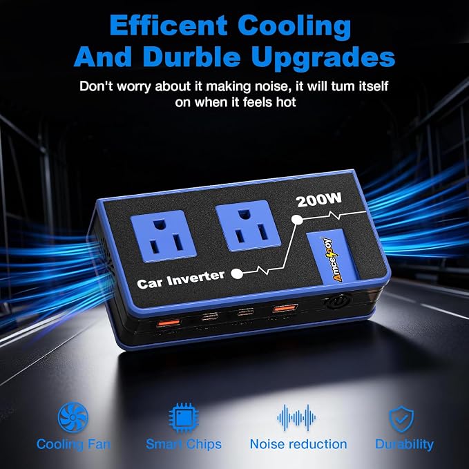 200W Car Power Inverter, Amcelooy Dual DC 12V to 110V AC Car Outlet Adapter to Wall Plug, Fast Charging 24W USB-C & USB Ports, Portable Charger Converter with for Laptops, Phones(Blue)