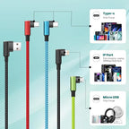 Travel Vacation Essentials Multi Charging Cable, Right Angle 4 in 1 Charging Cable, Long Phone Charger Cords with IP/Type C/Type C/Micro Port, Compatible with Most Cell Phones and More （1Pack 5FT）