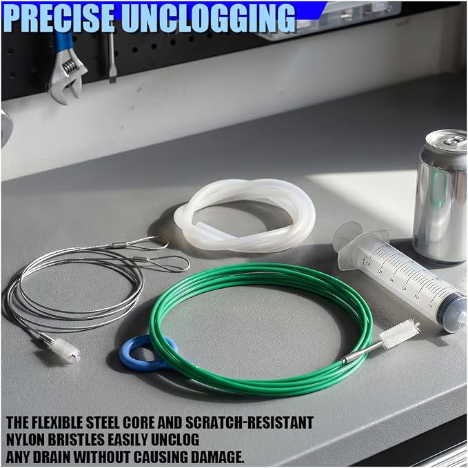 Auto Sunroof Drain Cleaning Tool, 118 Inch Long Flexible Pipe Cleaner with Syringe Hose and Soft Drain Brush, Car Tube Dredging Brush for Drains Holes, Sewers, Windshields (White)