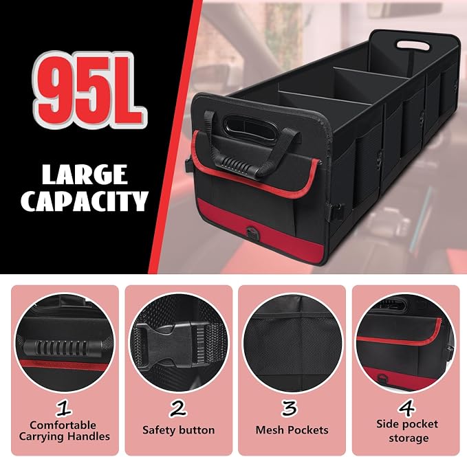 Heavy Duty Collapsible 95 L Capacity Car Trunk Storage Organizer,Multi-Compartment Pockets, Adjustable Straps - Ideal for Travel, Camping, Shopping,Perfect for SUV, Truck, Sedan