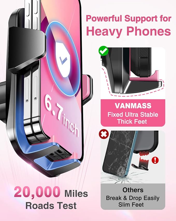 【85+LBS Strongest Suction & Military-Grade Ultimate Car Phone Mount【Patent & Safety Certs】 Cell Phone Holder for Dash Windshield Vent for iPhone 17 Pro Max Automobile Accessory Kits,Light Pink