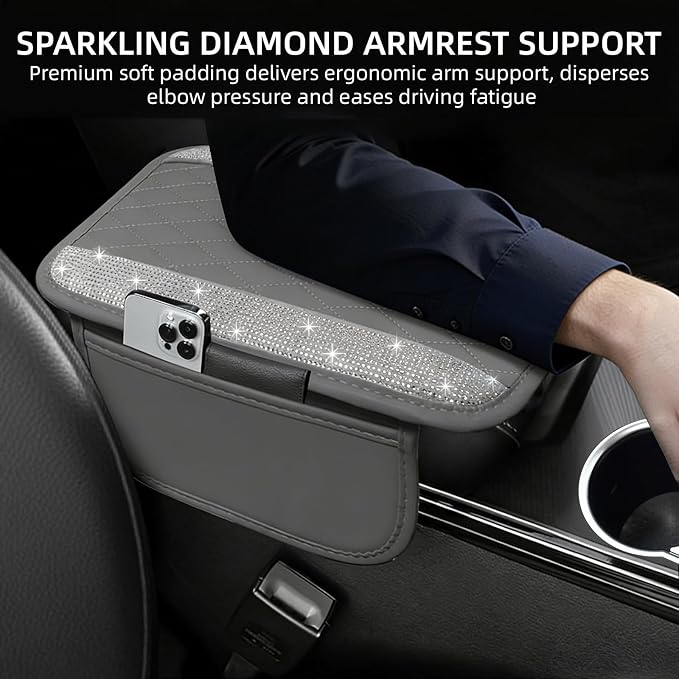 Bling Grey Car Center Console Cover, Leather Car Arm Rest Cover with 2 Storage Bags, Universal Auto Armrest Protector Storage Box, Bling Accessories Interior for Most Vehicles
