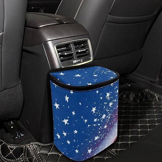 American Flag Star Print Car Trash Can with Lid, 4th of July Leak Proof Auto Trash Bag Hanging Vehicle Garbage Can Multipurpose Storage Container for Back Seat Road Trip