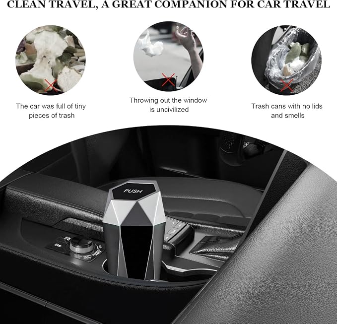 Car Trash Can with Lid, Diamond Design Leakproof Vehicle Cup Holder Garbage Can, Waterproof Trash Bin Mini Portable Garbage Organizer for Cars Homes Offices Bedrooms (Silver)