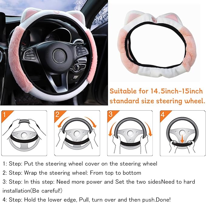 Car Steering Wheel Cover, Fluffy Soft Plush for Winter Warm, Cute Steering Wheel Protector with Kitty Cat Ears, Universal 15 Inch, Elastic & Anti-Slip, Lovely Decor Car Accessories (Pink)