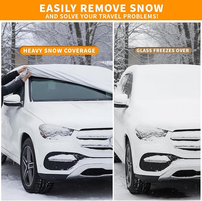 Half Car Cover for Windshield Ice & Snow - Windshield Snow Cover with Hail Protector, All-Weather Car Cover Fit for Cars & SUVs with Reflective Straps (Sedan)