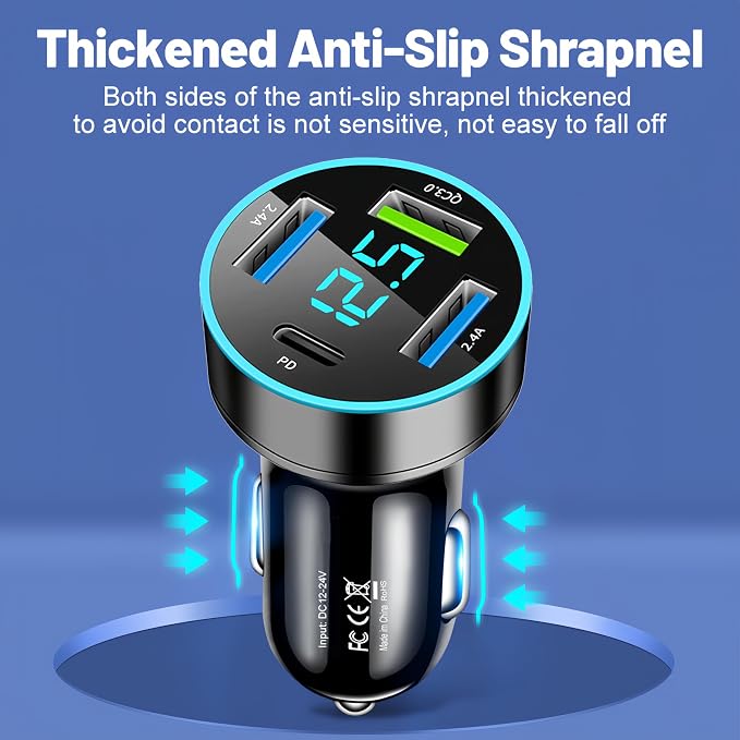 4-Port USB C Car Charger, Cigarette Lighter USB Charger Adapter with Voltmeter PD 3.0 & QC 3.0 Fast Charging for iPhone 17/16/15, Samsung Galaxy, Android Phones & Tablets