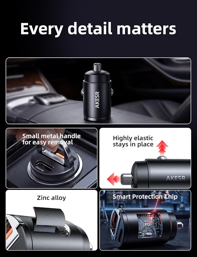 65W USB C Car Charger Fast Charging，12V USB Outlet Accesorios para Carro，Cigarette Lighter USB Charger，Car Phone Charger for iPhone/17/16/15/14/13 Samsung S25 S24 S23Google Android