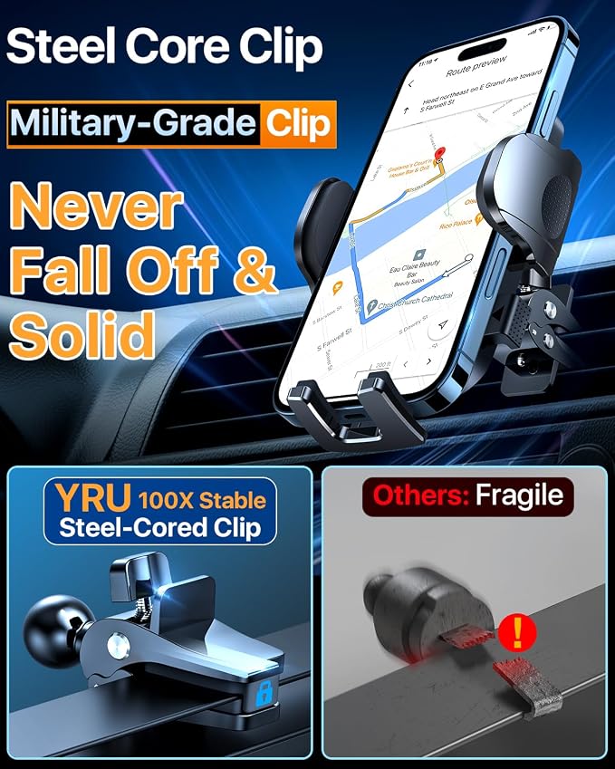 [True Upgrade for Safety] YRU Car Phone Holder Mount [Patent & Military-Grade]Dashboard Cell Phone Holder for Car Vent Windshield Phone Stand for iPhone 17 16 15 14 13 Pro Max Truck Samsung, Dark Blue