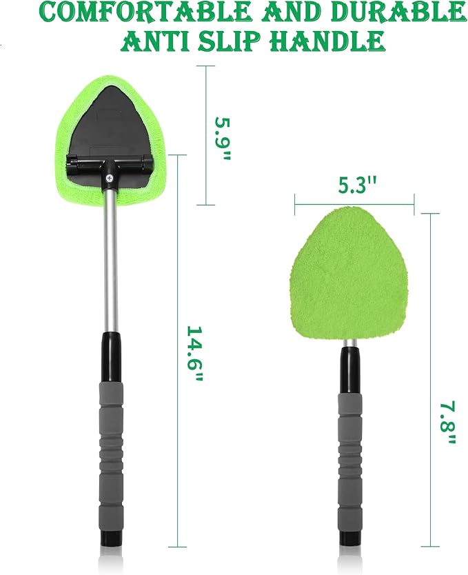 Car Windshield Cleaner Tool with Reusable Microfiber Pads Extendable Handle (1, Green)