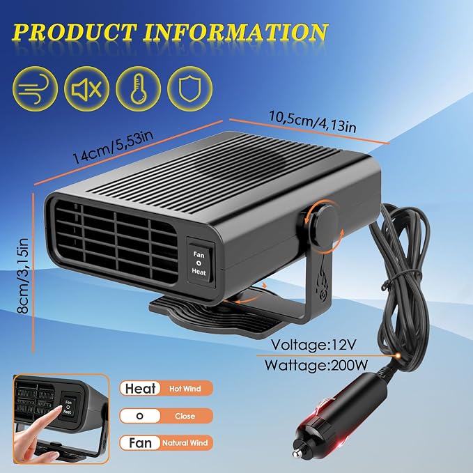 Car Heater, Car Heater That Plugs into Cigarette Lighter, 200W Portable Car Heaters and Car Defroster Windshield Defogger, 12V Heater for Car with 360 Degree Rotary Base