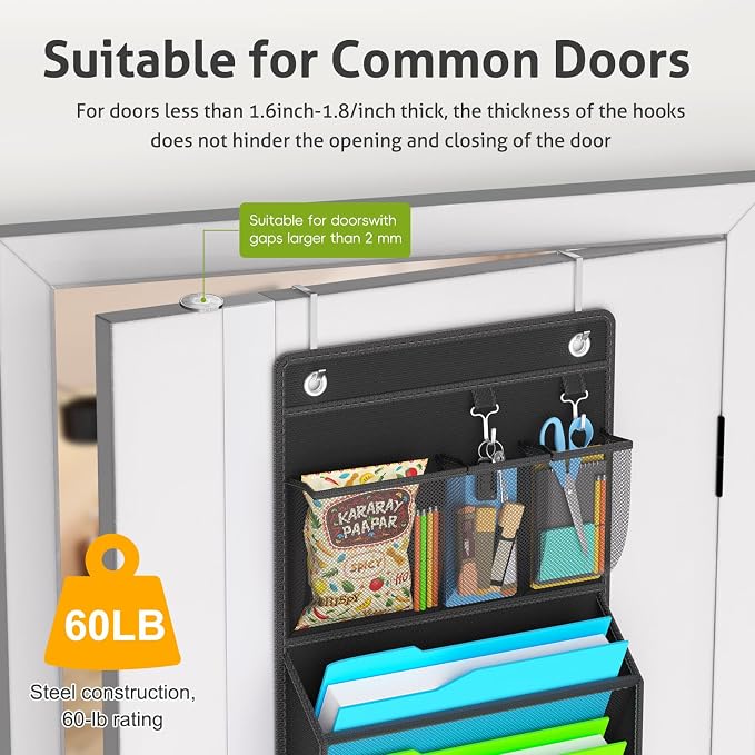 Wall Hanging File Organizer, Over the Door File Folders with 10 Large Pockets for Magazines, Mails, Office Chart Storage, Back to School Supplies, Paper Organization (Black)