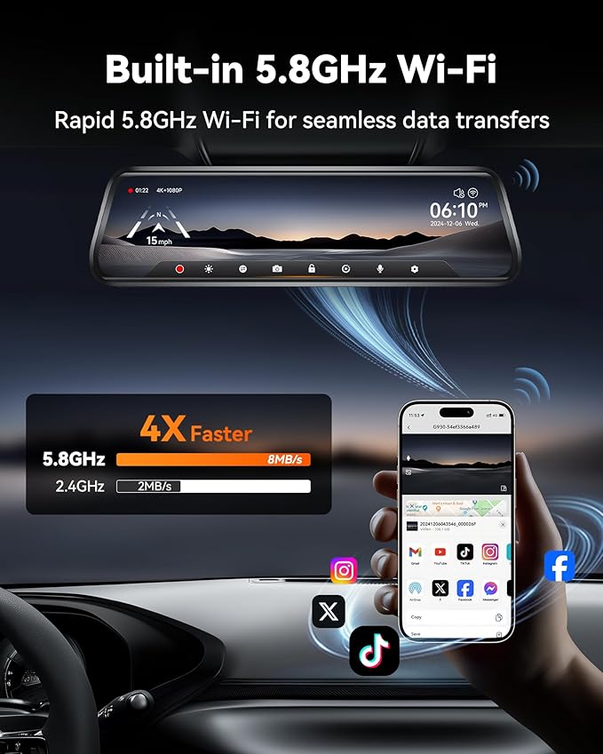 G930 10'' Rear View Mirror Camera with 5.8GHz WiFi, 4K Dash Cam Front and Rear with WDR, Touch Screen Rearview Mirror Backup Camera, Parking Monitor, Reverse Assist, Includes 64GB Card & GPS