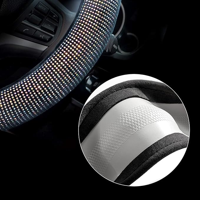Steering Wheel Cover for Women Men Bling Bling Crystal Diamond Sparkling Car SUV Wheel Protector Universal Fit 15 Inch (Black with Colorful Diamond,Standard Size(14" 1/2-15" 1/4))