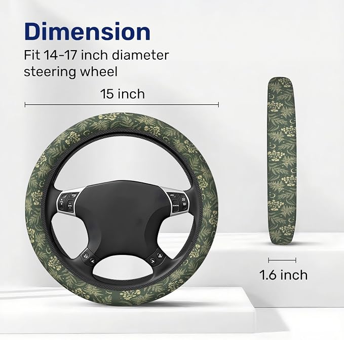 Dark Cottagecore Botanical Steering Wheel Cover, Non-Slip Polyester Wheel Grip, Universal 15 Inch Car Accessory
