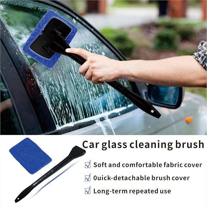 10pcs Car Windshield Cleaning Tool, Windshield Cleaner with 5 Washable and Reusable Microfiber Pads and Extendable Handle, for Auto Glass Wiper (Bule（10pcs）)