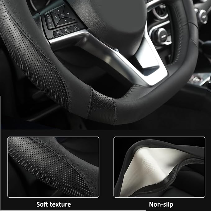Flat Bottom Car Steering Wheel Cover for Nissan,D Shaped Steering Wheel Cover for Rogue,Altima,Kicks (Black-Standard Size)