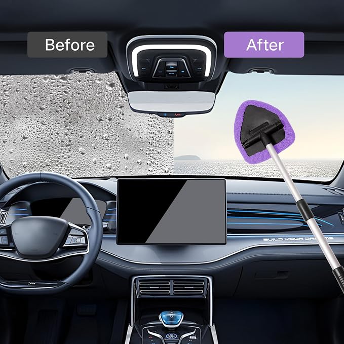 11pcs Windshield Cleaner Tool, Car Window Cleaning Wash Kit with 6 Reusable Microfiber Pads 2 Spray Bottles and Extendable Handles Auto Glass Wiper Kit, Purple