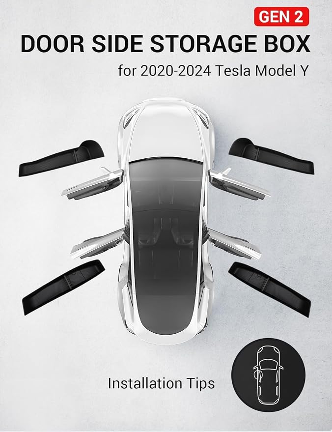2024-2020 Tesla Model Y Door Side Storage Box with Emergency Button Cutout, Door Organizer Pocket Liners, Waterproof TPE Front & Rear Side Tray Protector Liner Set of 4
