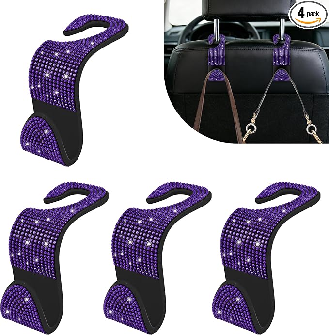 4PCS Bling Car Seat Headrest Hooks, Purse Holder for Car, Vehicle Back Seat Purse Handbag Hanging Holder with Crystal Rhinestone, Diamond Car Rear Seat Organizer for Vehicles (Purple)