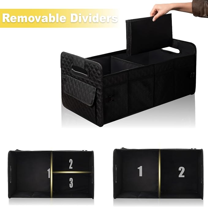 Car Trunk Organizer for SUV, Car Storage Organizer Collapsible Multi Compartment Container Box, Adjustable Car Accessories for Women/Men, Black