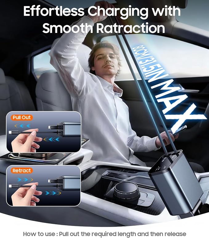 69W Retractable Car Charger, 4 in 1 Fast Charger USB C Car Truck Accessories for Men Women, Car Accessories for Valentines Day Gifts for Him Her, Travel Essentials for iPhone 17 Pro Max-Grey