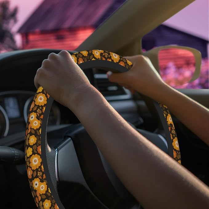 Retro 70s Groovy Orange Floral Steering Wheel Cover for Women Men Neoprene Breathable Wheel Cover Protector Anti-Slip Car Accessories Universal 15 Inch Fit for Cars Trucks Vehicles