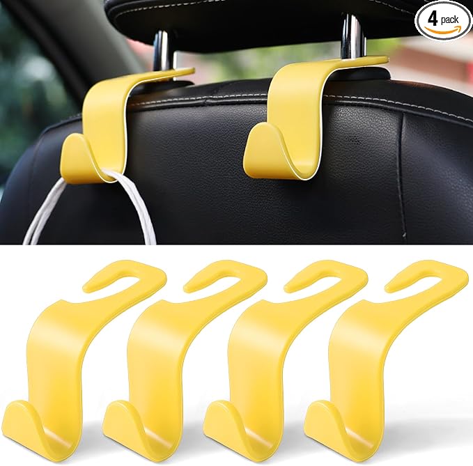 Car Seat Headrest Hook, Car Headrest Hidden Hook, 4 Pack Universal Auto Car Back Seat Hook Organizer for Purse Coat, Car Interior Accessories (Yellow)