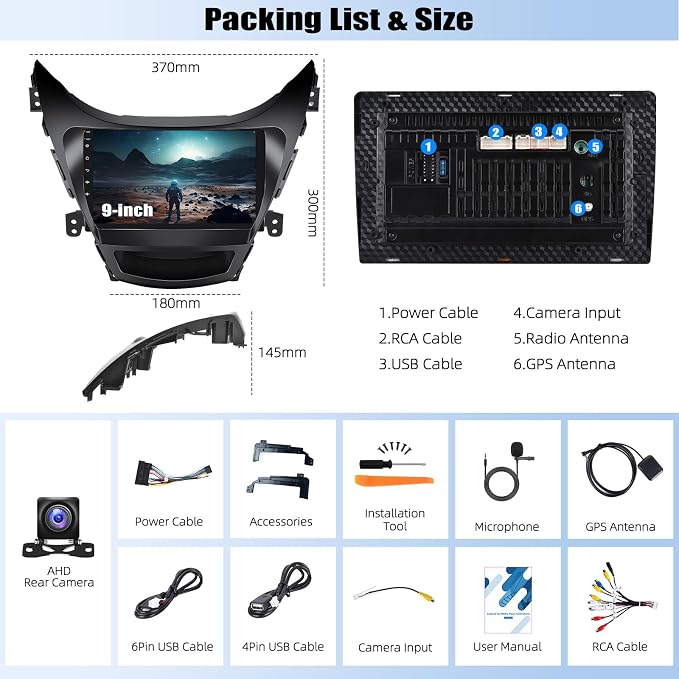 Android 2G+64G Car Radio for Hyundai Elantra 2011 2012 2013 Car Stereo 9 Inch HD 1080P Touch Screen Upgrade with Carplay Android Auto Mirror Link GPS Navigation WiFi FM RDS Backup Camera SWC
