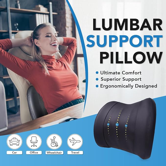 Lumbar Support Pillow for Car, Car Seat Back Support for Driving | Memory Foam Car Lumbar Support for Driving Seat, Car Back Cushion, Adjustable Straps, Lower Back Pillow, PU Leather, Black