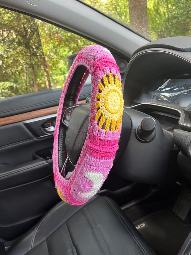 Handmade Crochet Sun and Moon Car Steering Wheel Covers Universal 14-15 inch for Women and Men (A,Steering Wheel Cover)