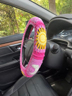 Handmade Crochet Sun and Moon Car Steering Wheel Covers Universal 14-15 inch for Women and Men (A,Steering Wheel Cover)