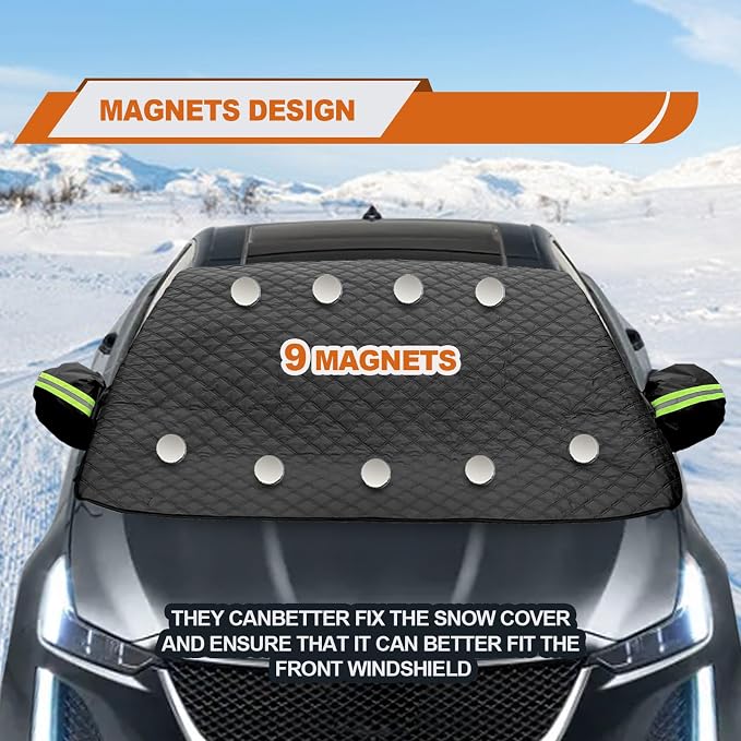 Car Windshield Snow Cover with Side Mirror and Hook, Winter Magnetic Windshield Sun Shade Foldable, Windshield Cover for Ice and Snow, Fit for Small Sedan, Compact SUV, (58"x47") Black