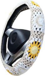 Handmade Crochet White Moon and Sun Car Steering Wheel Covers Universal 14-15 inch for Women and Men (Steer Wheel Cover+ 2 Belt Cover+2 Coaster)