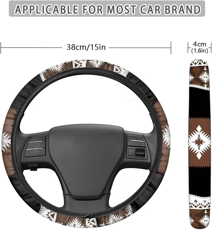 Southwest Aztec Brown Black Car Steering Wheel Cover 15 Inch Universal Breathable Soft Anti-Slip Sweat Absorbent Car Accessory Fit for Most Vehicles