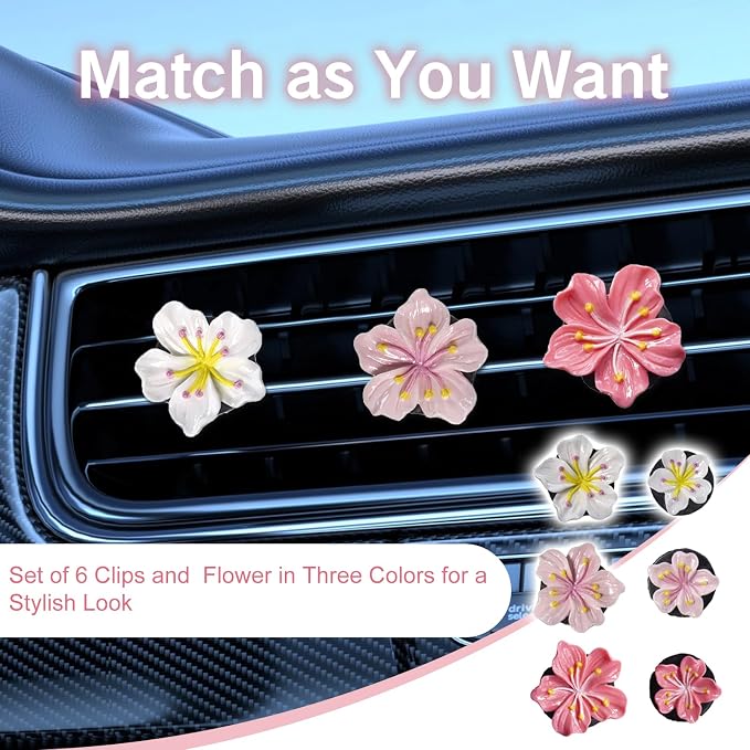 4PCS Cute Car Vent Clips Flower | Air Vent Clips Hawaiian Hibiscus and Cherry Blossom Car Accessories Aesthetic Interior Decor for Women Peach Blossom, Pink