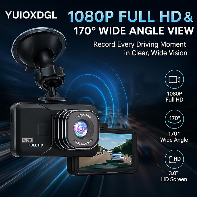 3-inch Dash Cam for Cars, 1080P HD car Camera, Wide-Angle Driving Recorder with Night Vision, Loop Recording, Video Motion Detection