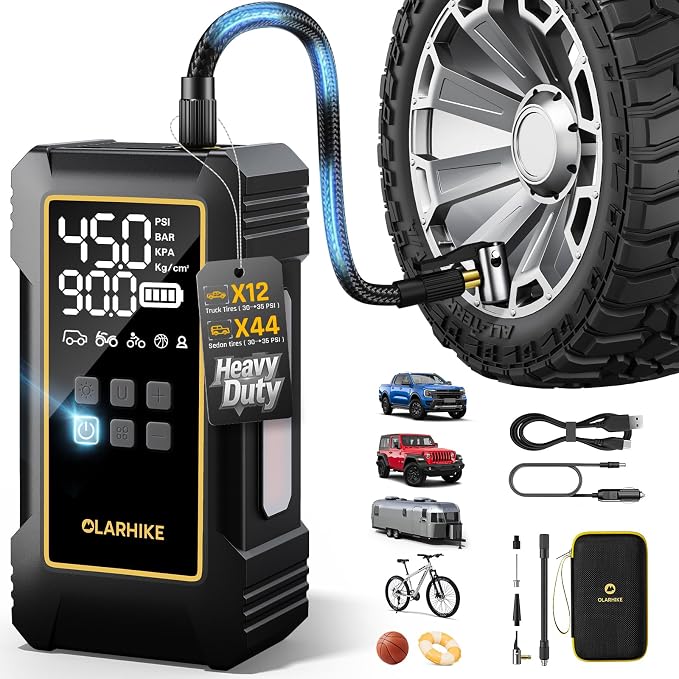 Powerful 12000mAh Heavy Duty Tire Inflator Portable Air Compressor, 7X Faster, 150PSI Dual Power 12V&Cordless Air Pump for Car Tires, Pickup Trucks, Jeeps, SUVs & RVs. Digital Pressure Gauge