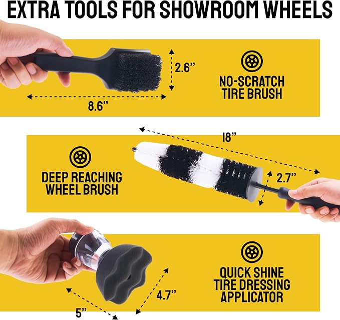 Car Detailing Brush Set 9-Pack with Tire and Wheel Brushes - | 6-pc Scratch-Free Interior Boars Hair Brushes - 1-pc Exterior Tire Brush, Tire Dressing Applicator and Wheel Brush