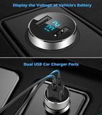 2 USB Car Charger,12V/24V Voltage Meter, Silver | Cigarette Lighter USB Adapter with LED Voltage Meter, 12V/24V Car Charger compatible for iPhone, Samsung, iPad, GPS, Dash Cam